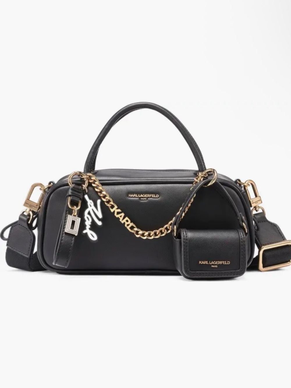 Karl Lagerfeld Black Leather Satchel with Gold Chain and Pouch